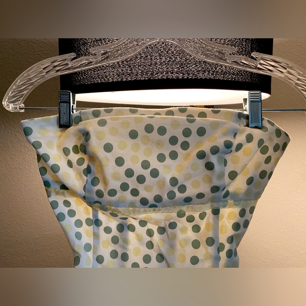 Vintage chic Tabitha polka dot strapless summer dress. White with green & yellow
